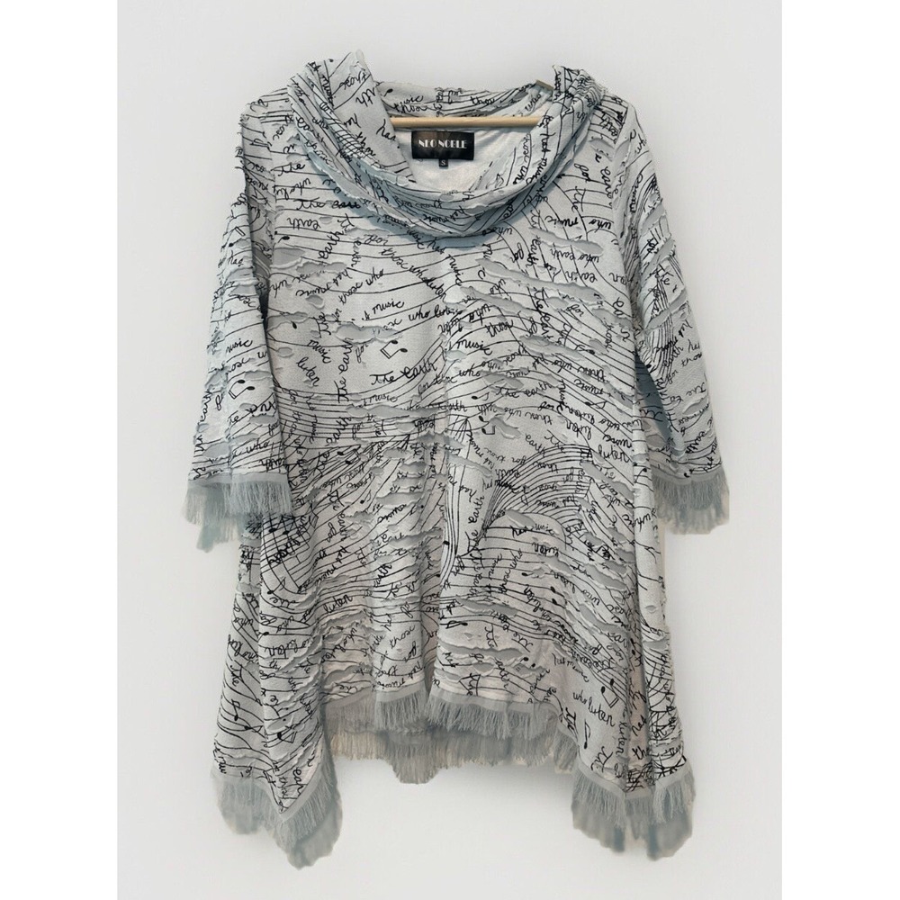 Neo Noble Cowl Neck Tunic Top Small Music Note Script Artsy Oversized Lagenlook